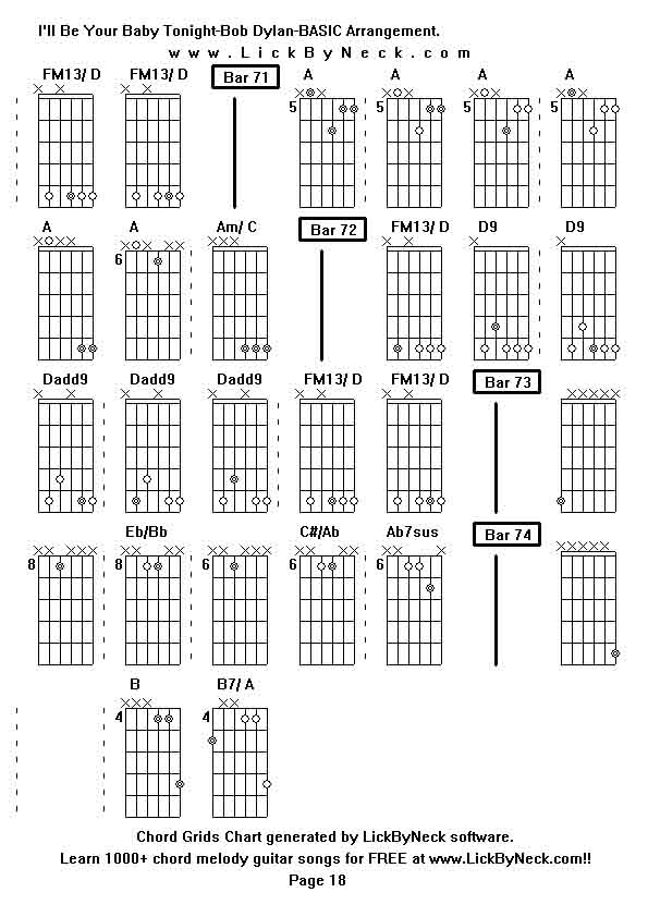 Chord Grids Chart of chord melody fingerstyle guitar song-I'll Be Your Baby Tonight-Bob Dylan-BASIC Arrangement,generated by LickByNeck software.